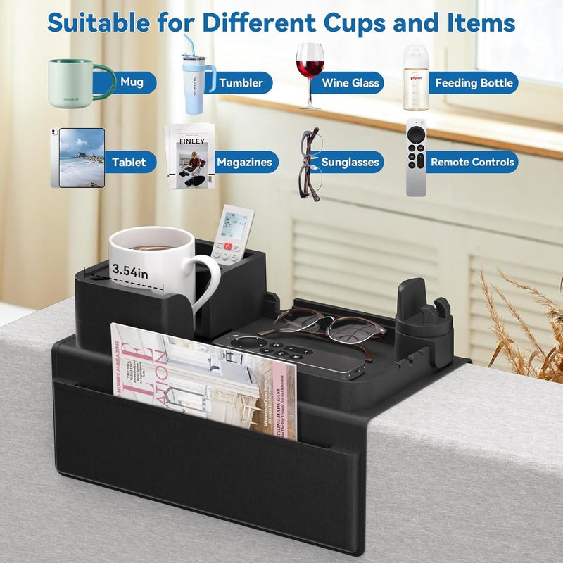 CLESOO Couch Arm Cup Holder Couch Arm Tray Anti-Slip Couch Cup Holder Silicone Sofa Armrest Tray Dual Side Pocket Couch Drink Holder Sofa Caddy Arm Remote Holder Snack Caddy with Phone Holder Black - Image 5